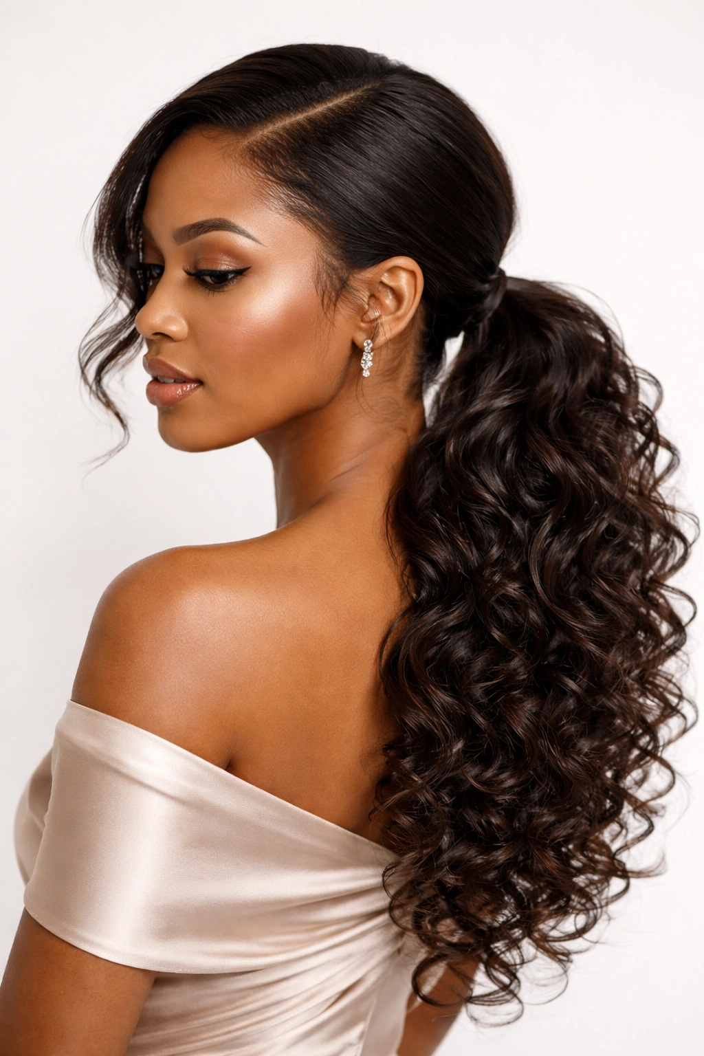 Profile view of a low side-swept ponytail draping over the shoulder