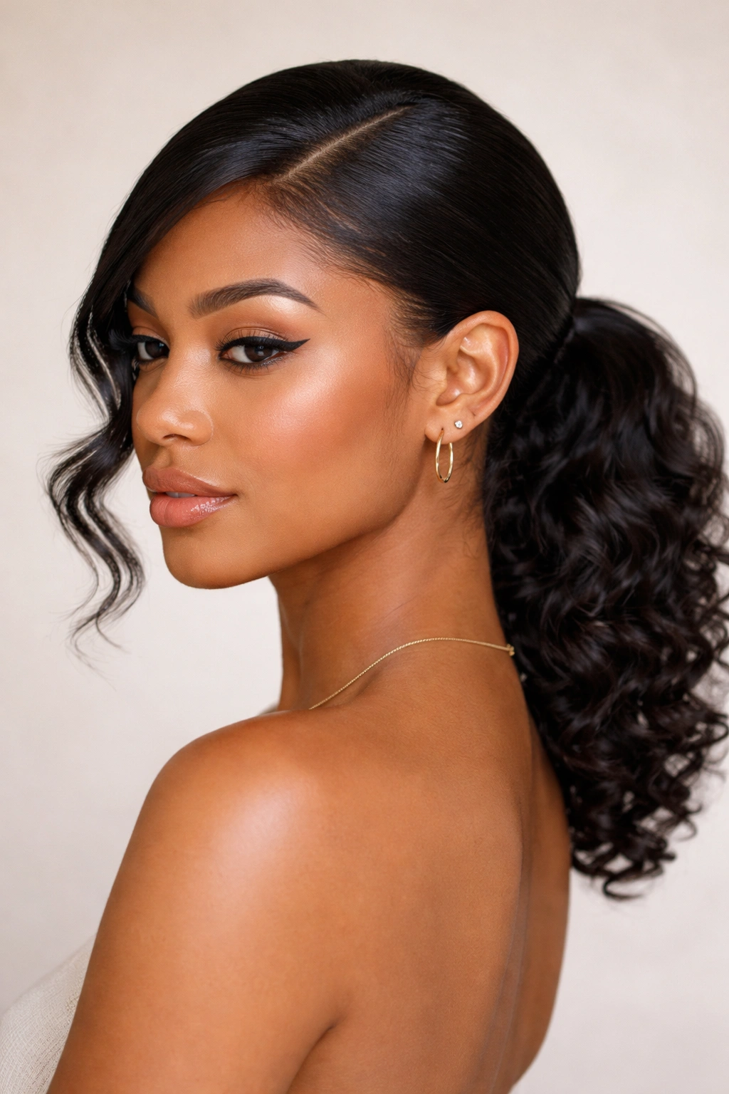 Close-up of a person with a low sleek ponytail and a deep side part