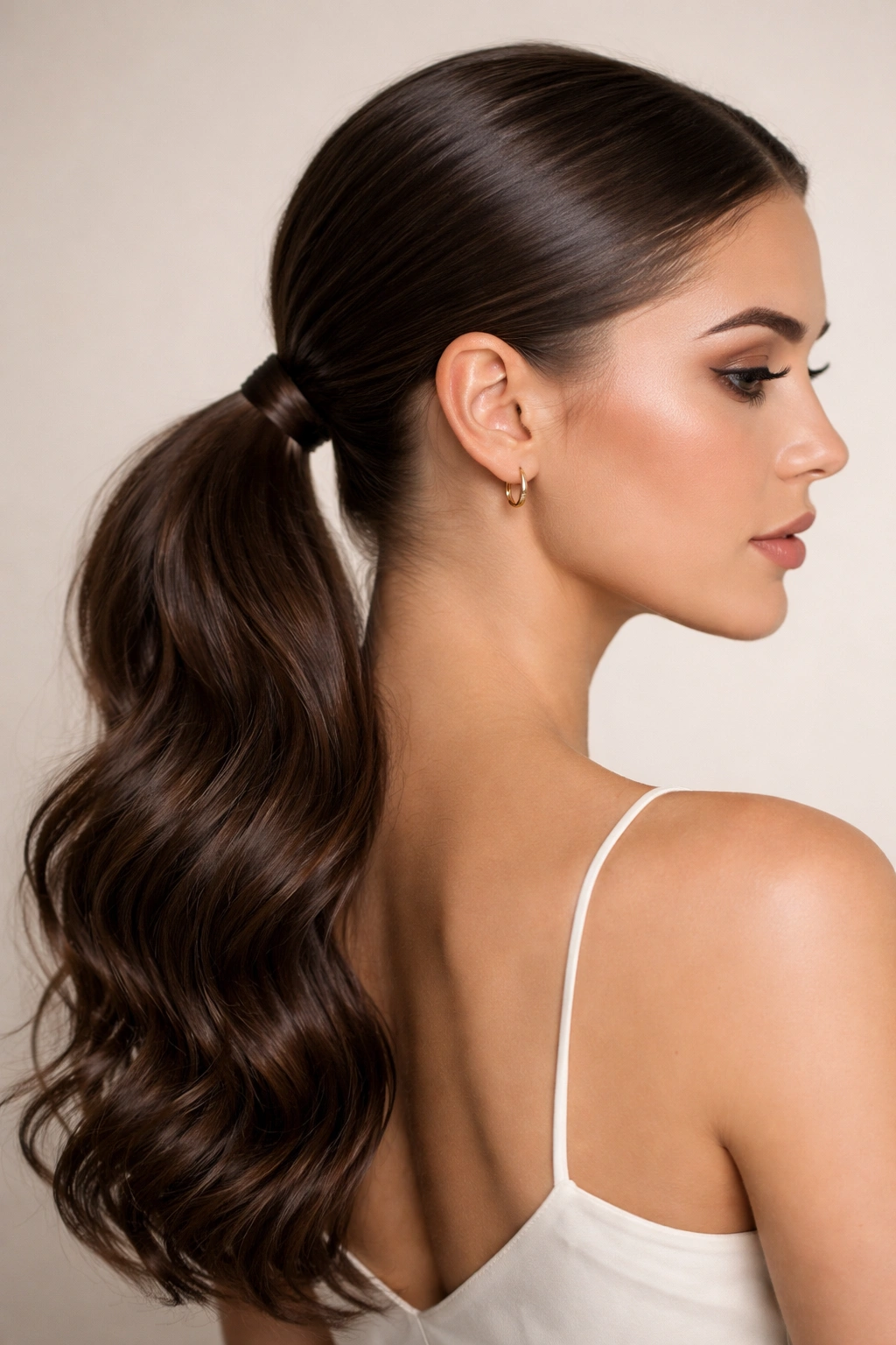 Close-up of a wavy hair classic low sleek pony at the nape with crisp part