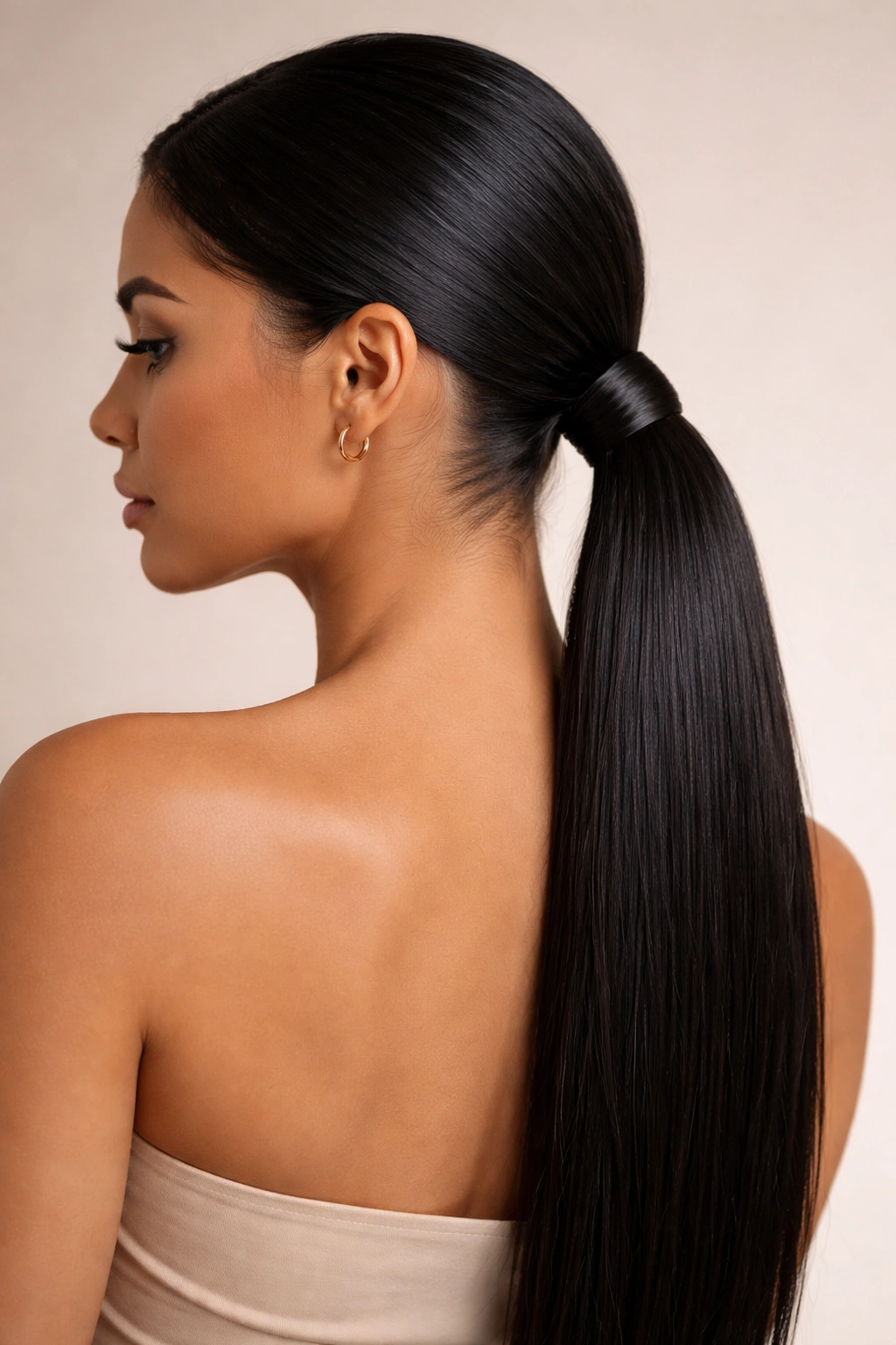 Head and shoulders showing a low sleek weave ponytail at the nape