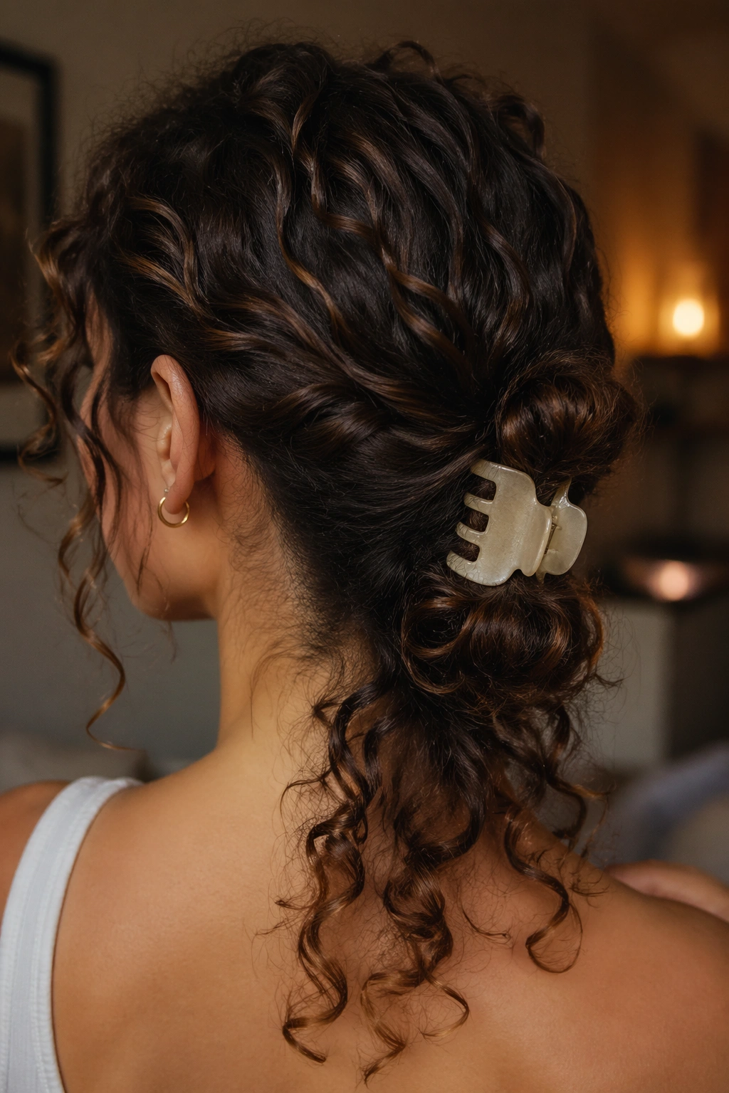 Close-up portrait of a real woman with a low-slung twist and clip