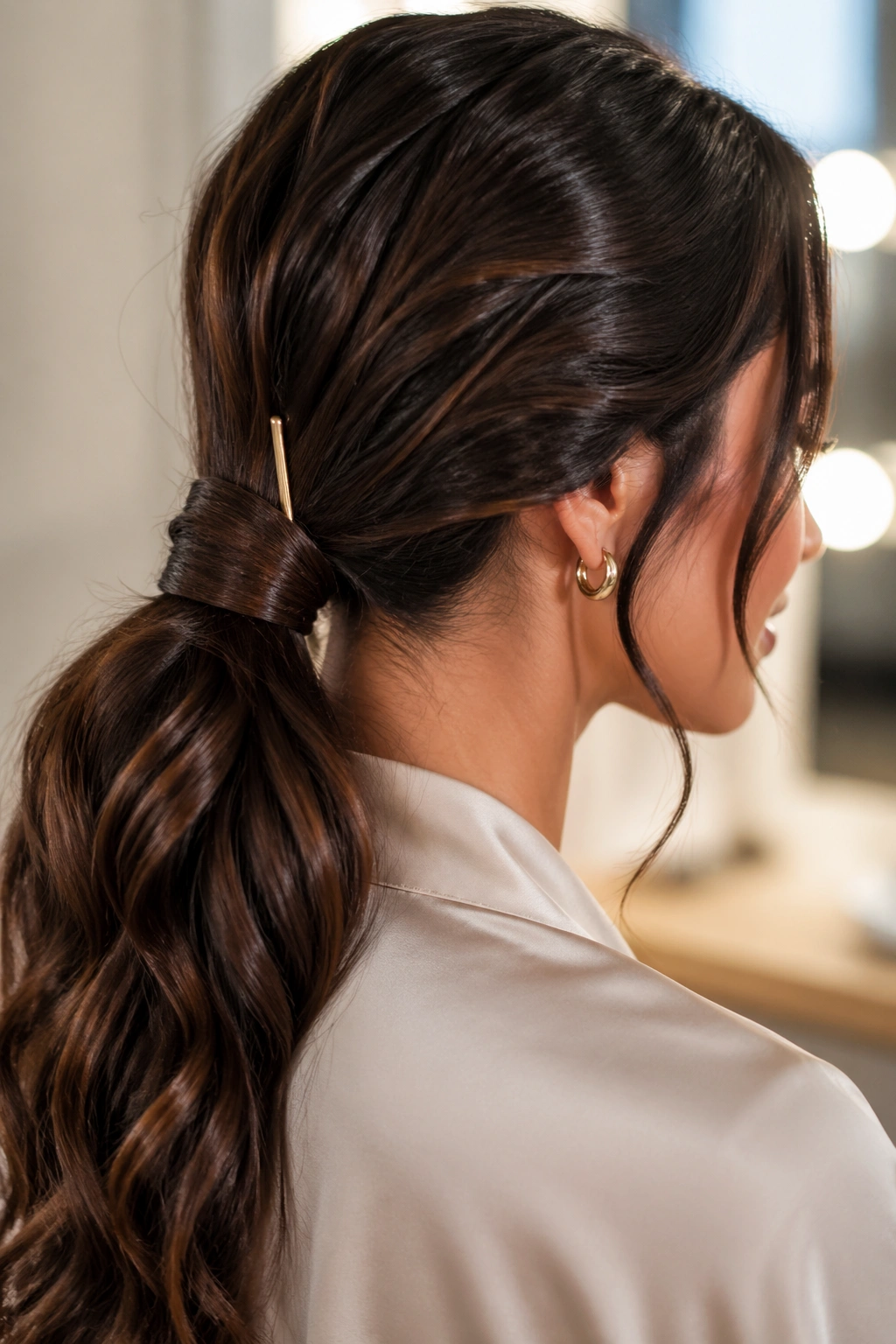 Close-up of a real woman with a low-slung wrapped ponytail and decorative pin