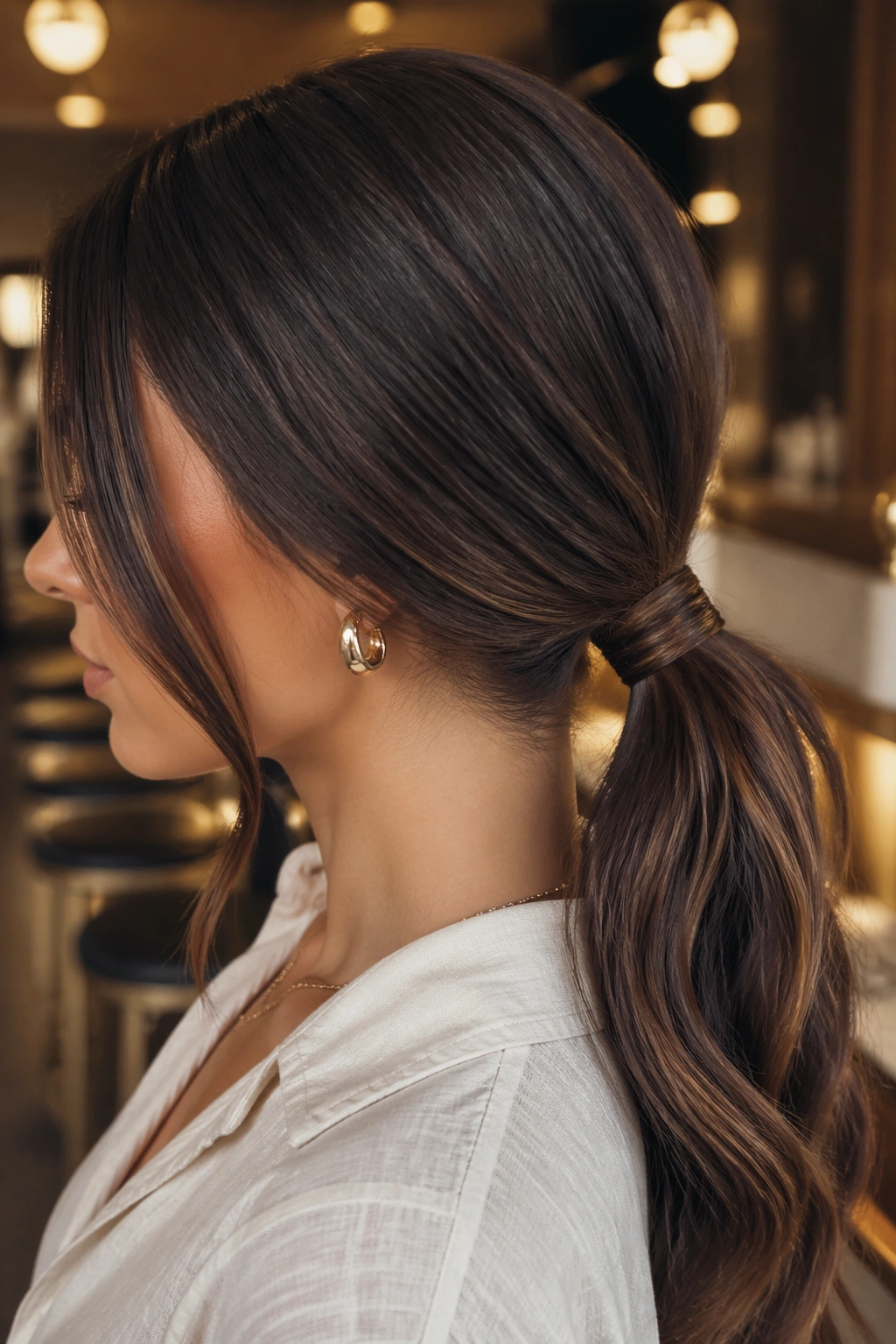 Close-up of a real woman with a low swoop ponytail wrapped base