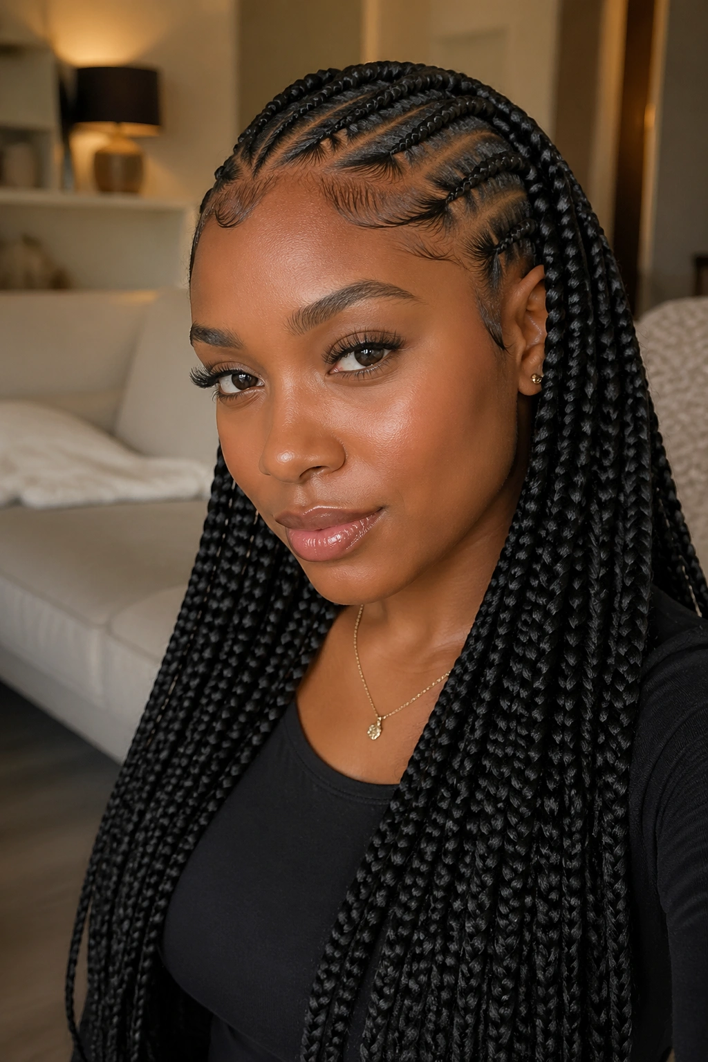 Real woman with low-tension cornrows and loose box braids