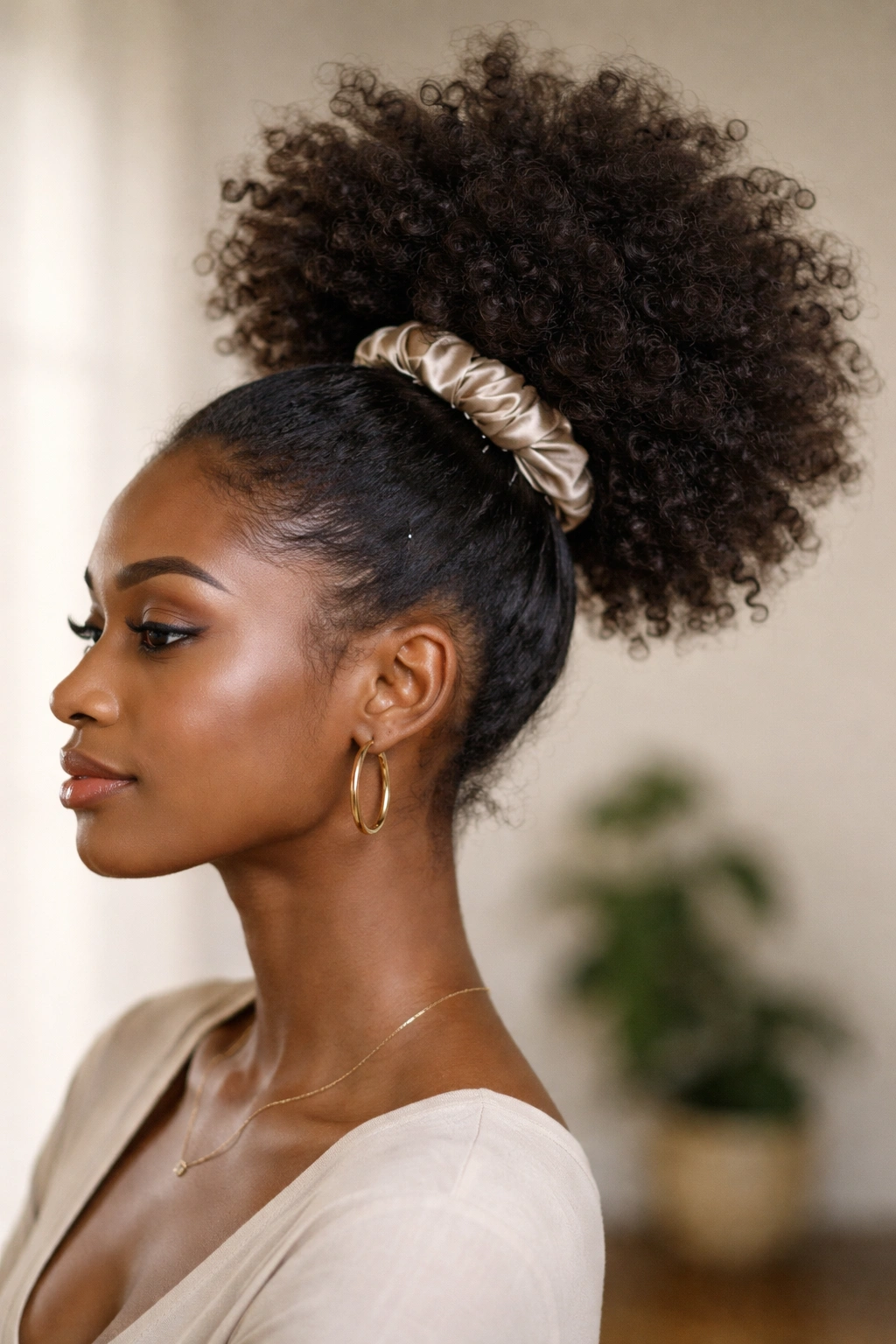 Loosely gathered high puff with satin scrunchie at crown, showing protective styling.