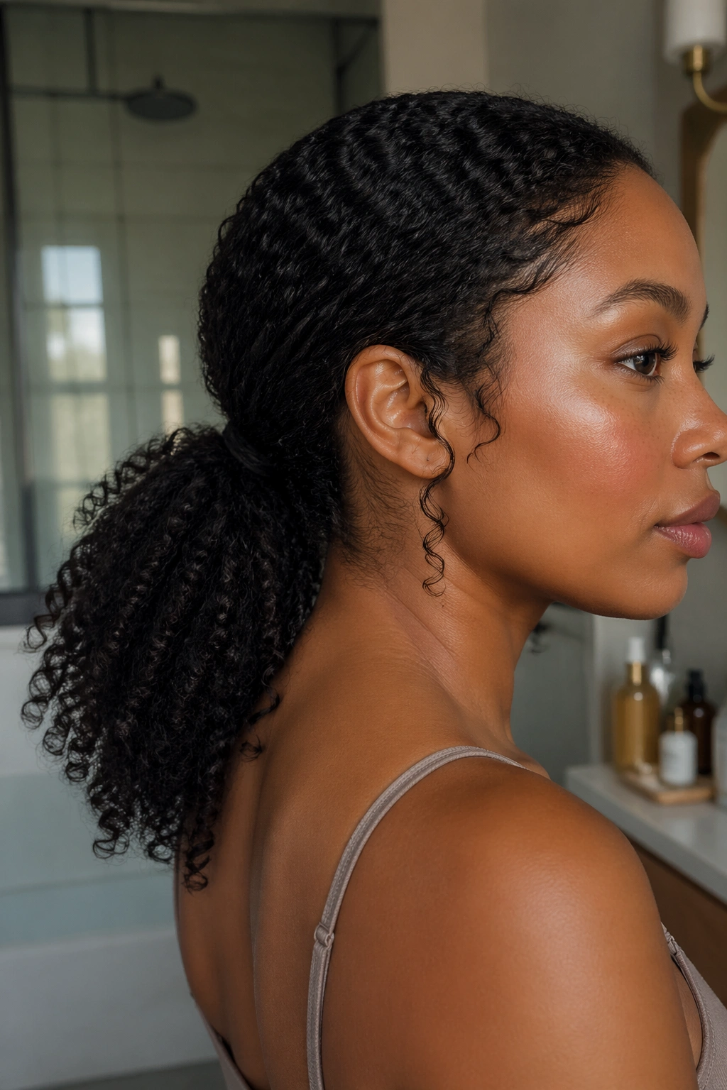 Close-up of low tension ponytail at the nape on a real woman with 3C curls