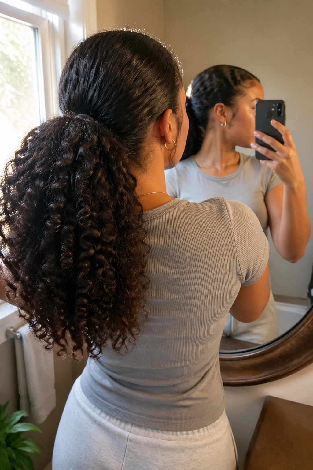 Over-the-shoulder view of low-tension mid ponytail for thick curls