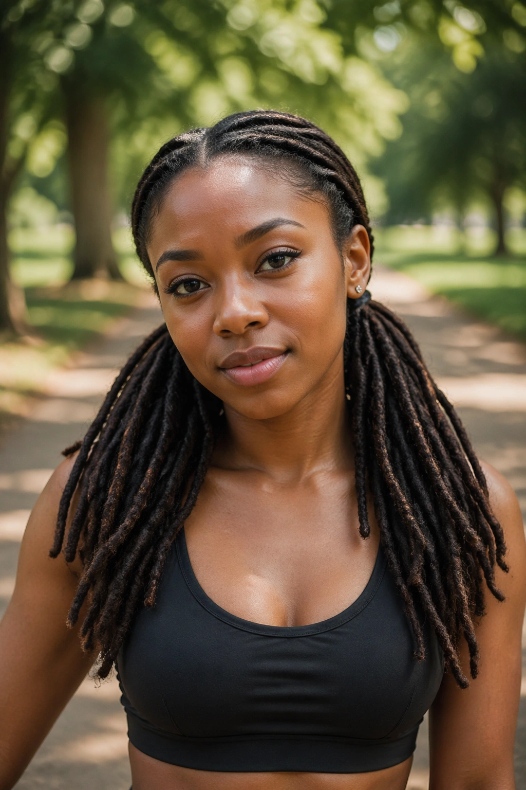 Portrait of a person with two low ponytails designed for comfort during activity, outdoors in sunlight.