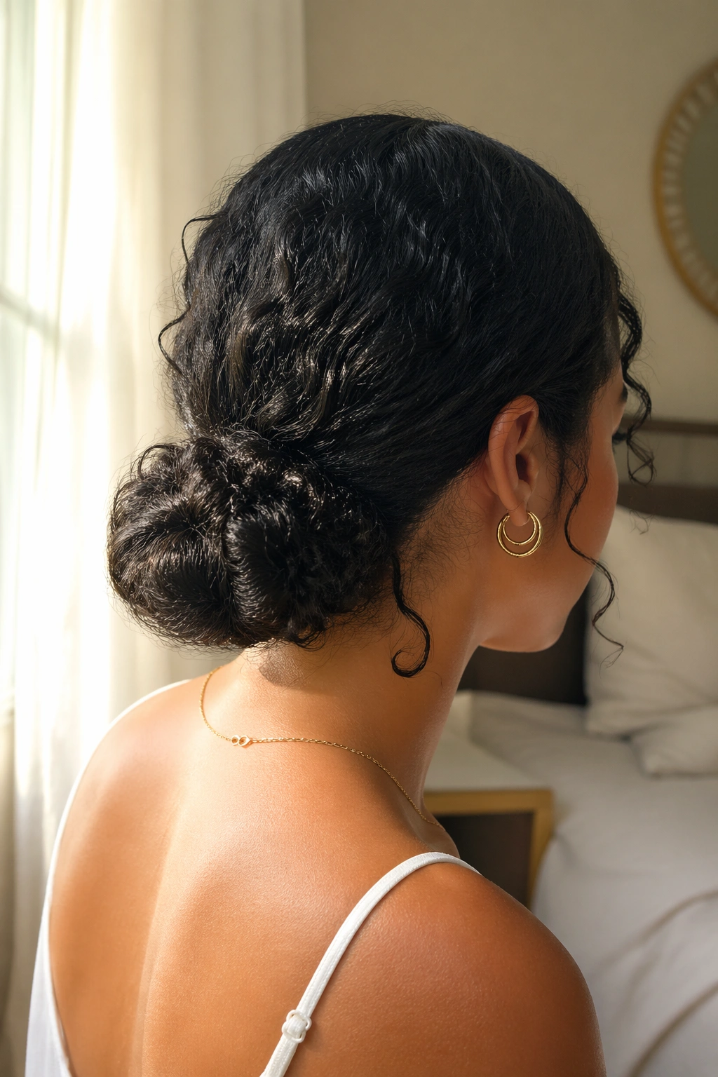 Close-up of a real woman wearing a low tucked curly bun at the nape with soft coils
