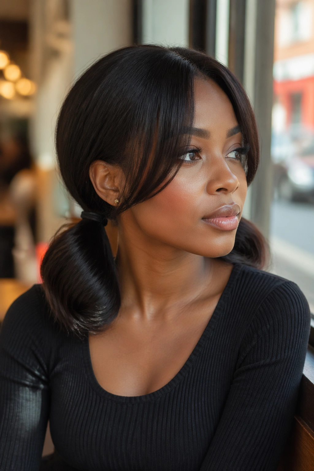 Medium close-up of a woman with low twin ponytails and curtain bangs in a sunlit cafe