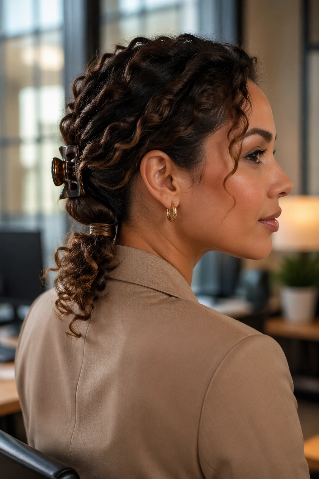 Close-up of low twist and clip at the nape for workdays