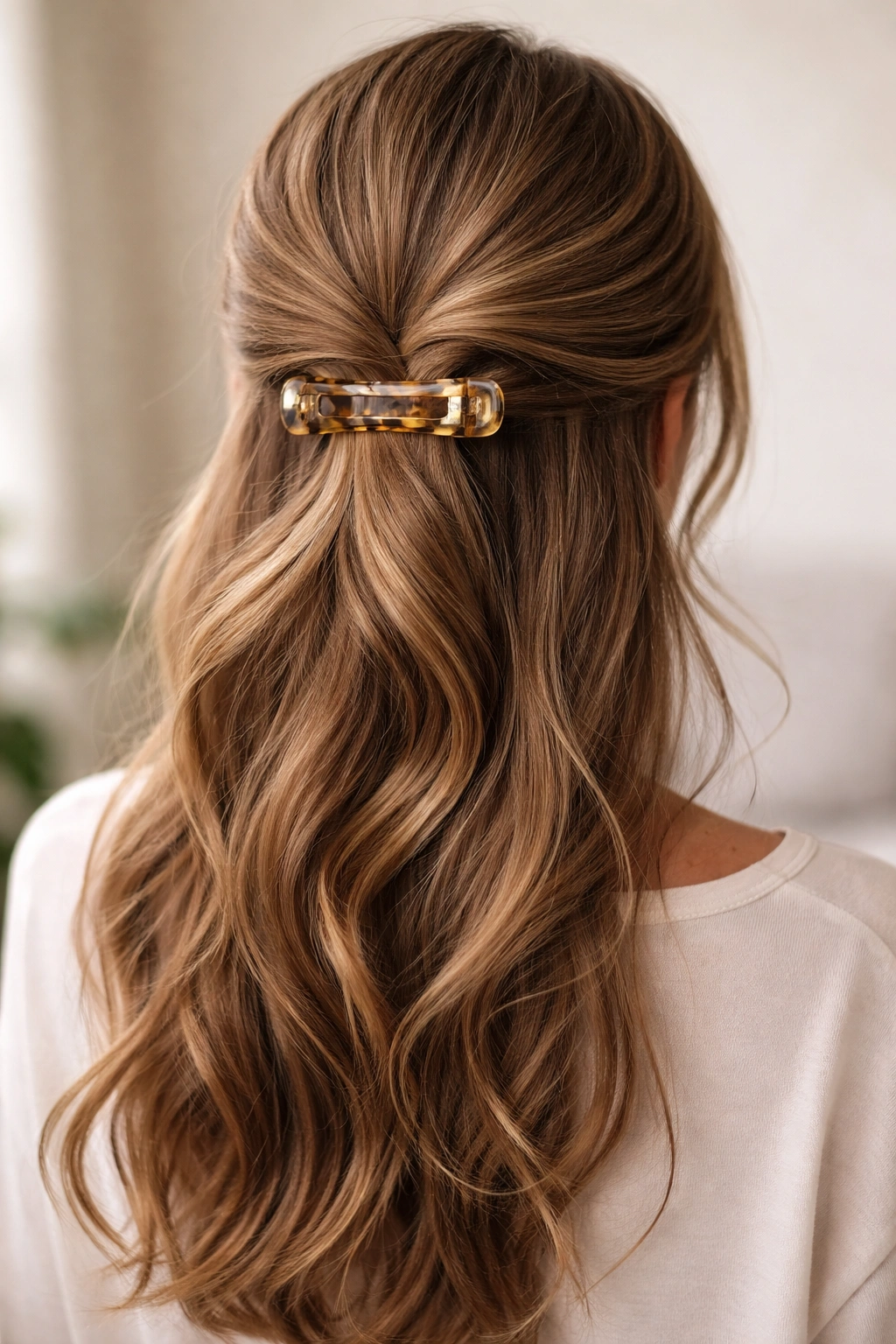 Close-up of long hair in a low twist above the nape with a claw clip