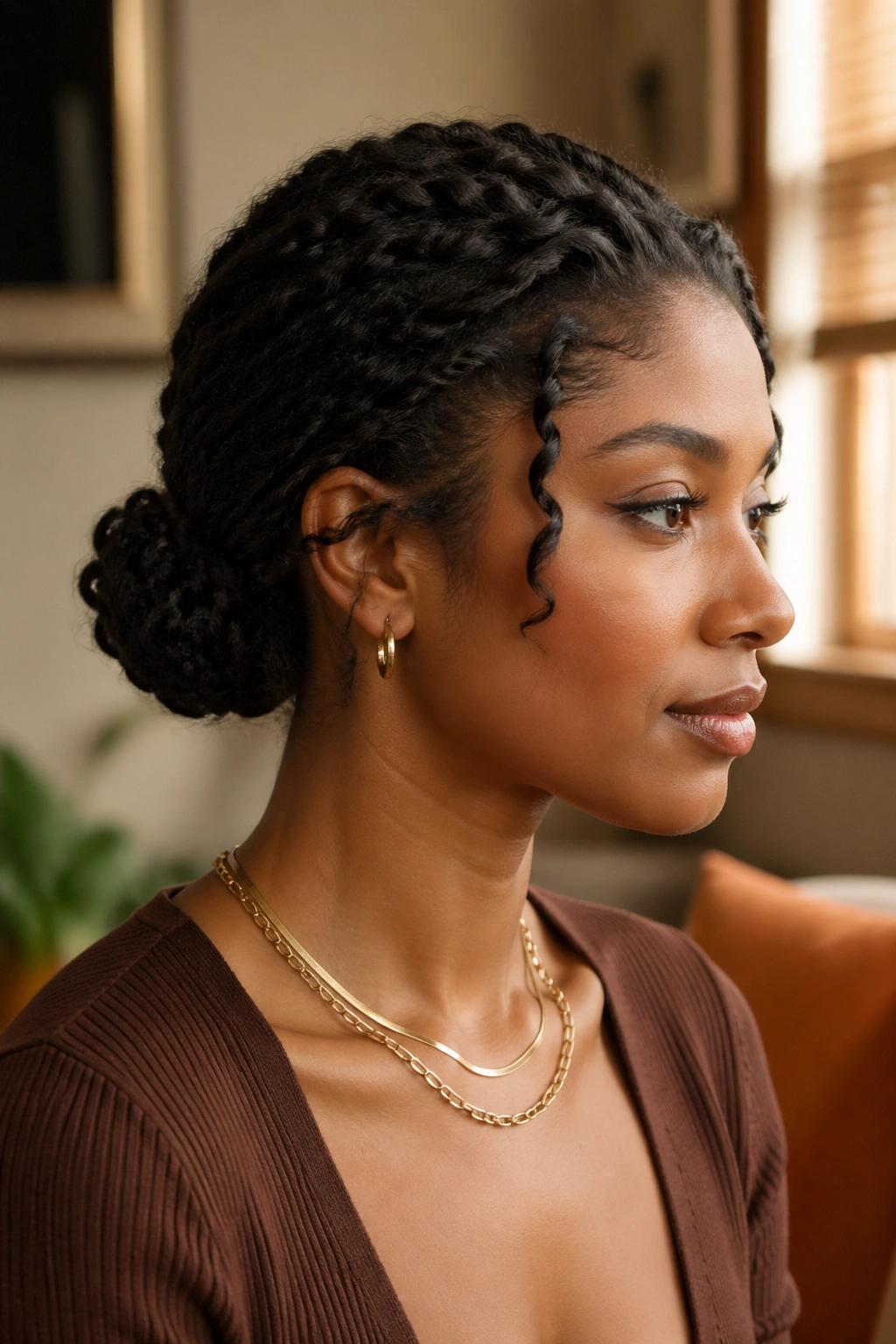 Low twisted bun hairstyle on a real woman in a warm indoor setting