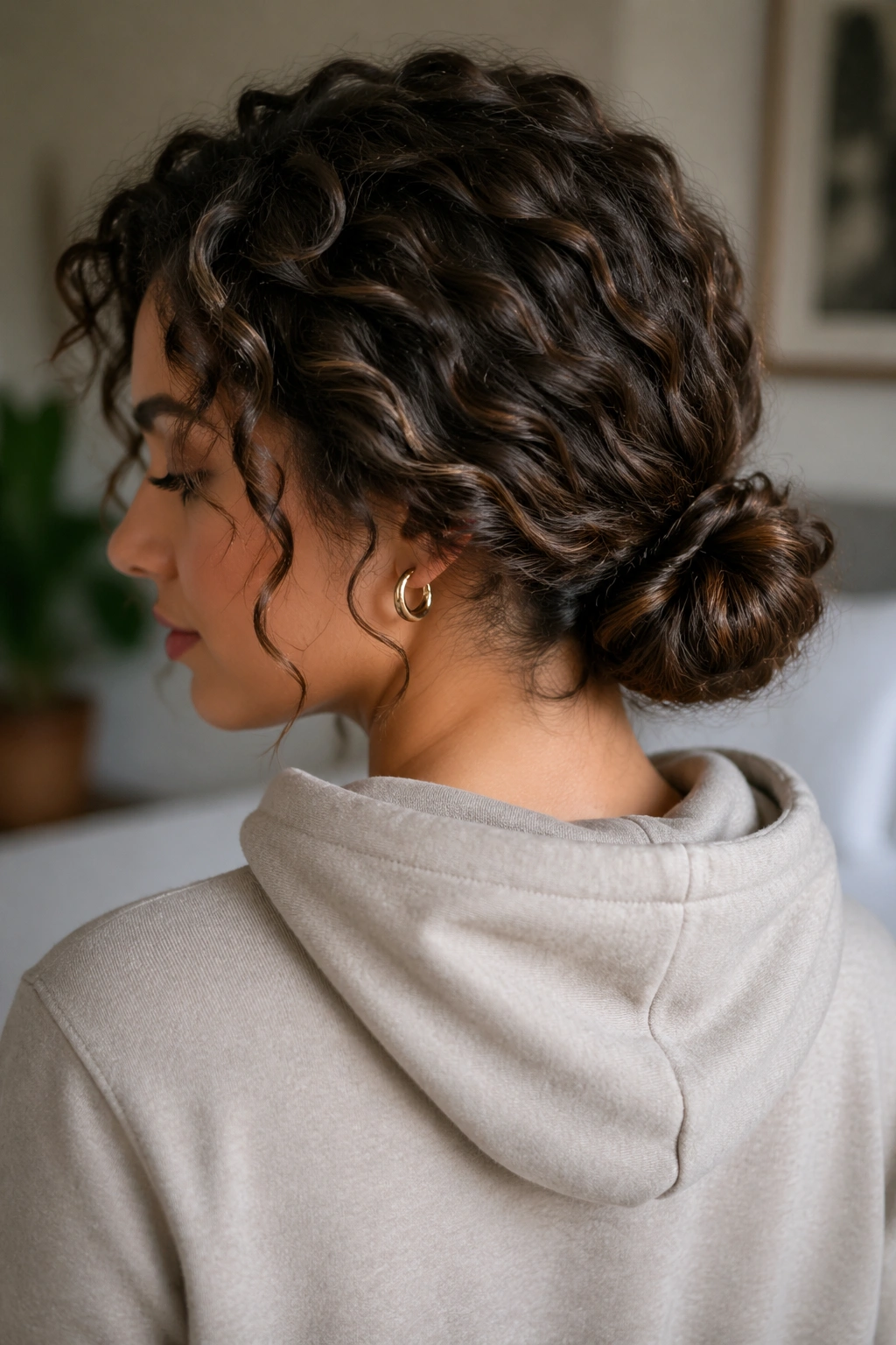 Portrait of a real person with a low twisted bun at the nape, hoodie at back
