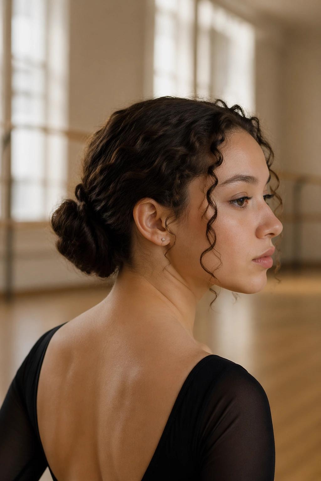 Close-up of a low twisted chignon with face-framing curls