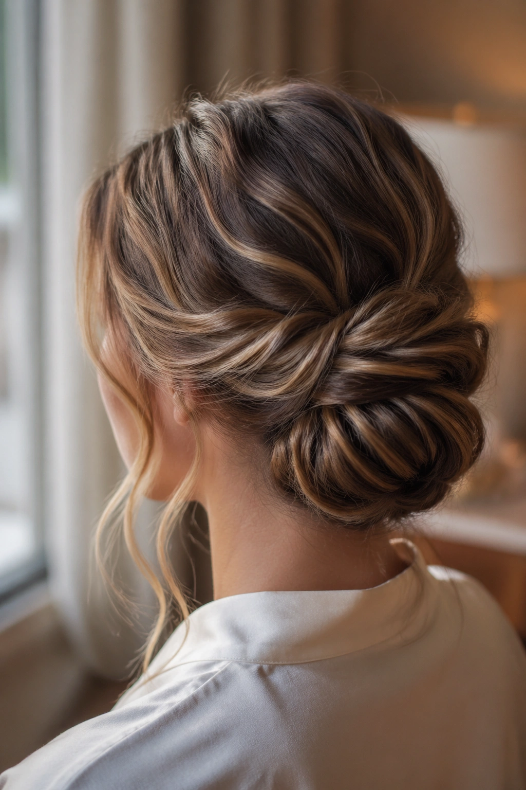 Rear three-quarter view of a woman with a low twisted chignon and waves