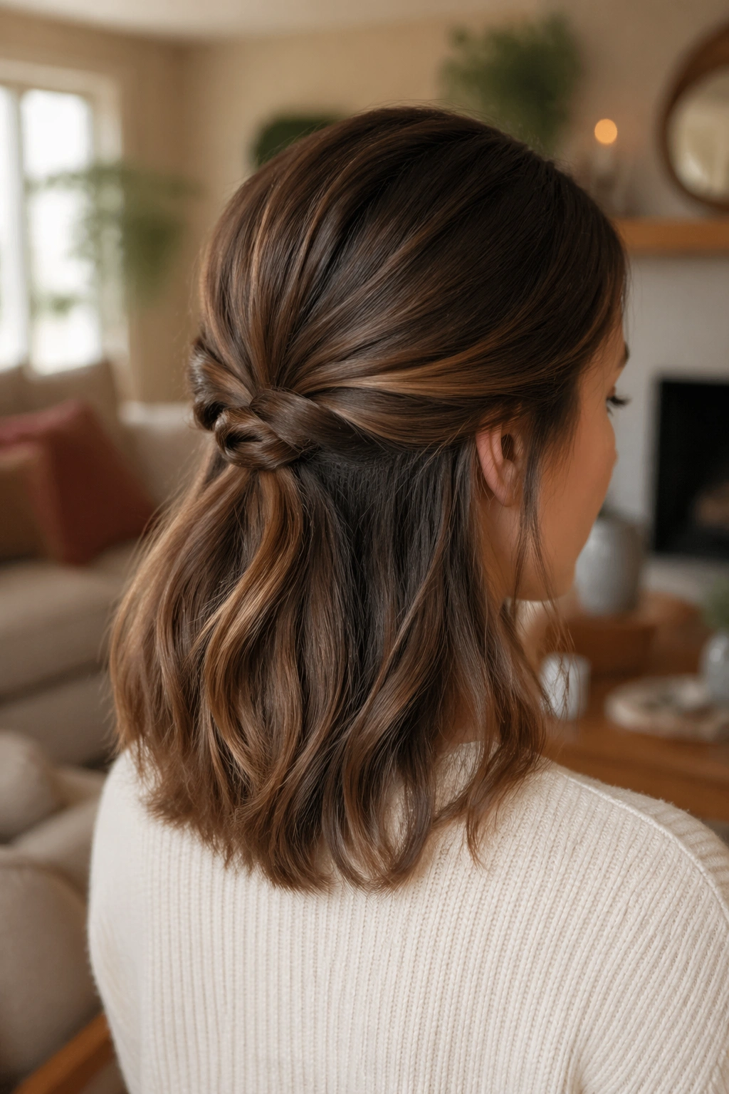 Close-up of a real woman with a low twisted knot at the back hairstyle in a cozy living room