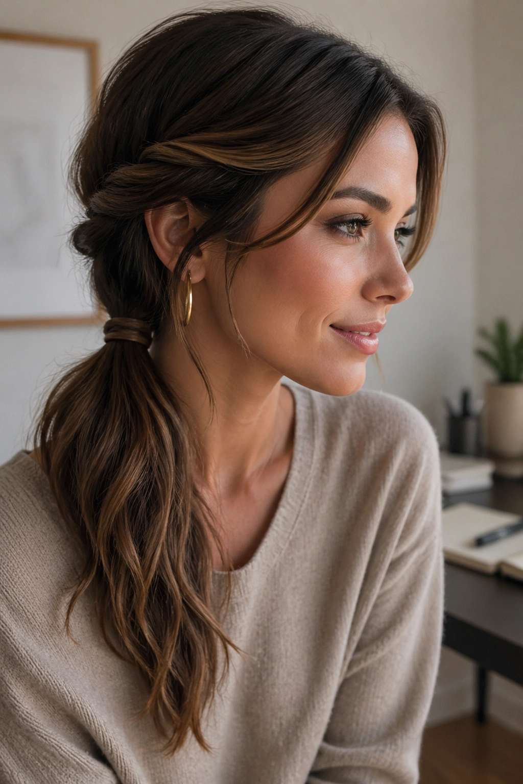 Close-up of a real woman with a low twisted side ponytail in a softly lit home office