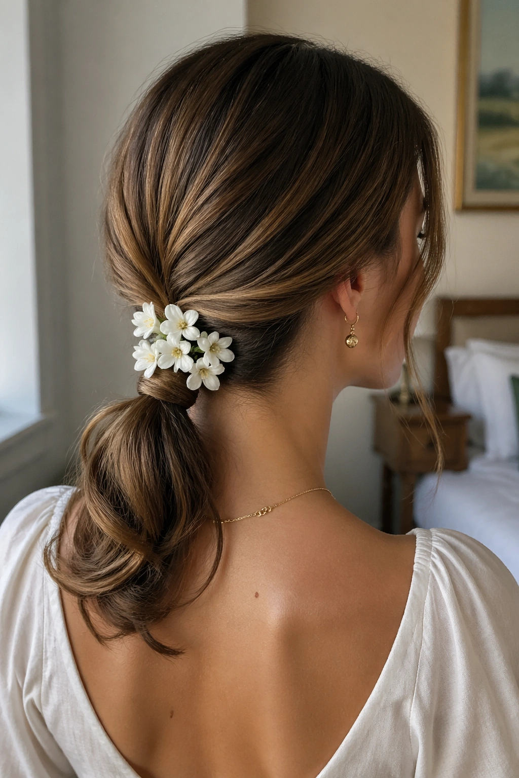 Close-up of a low twisted ponytail with jasmine cluster at the elastic on a real person.
