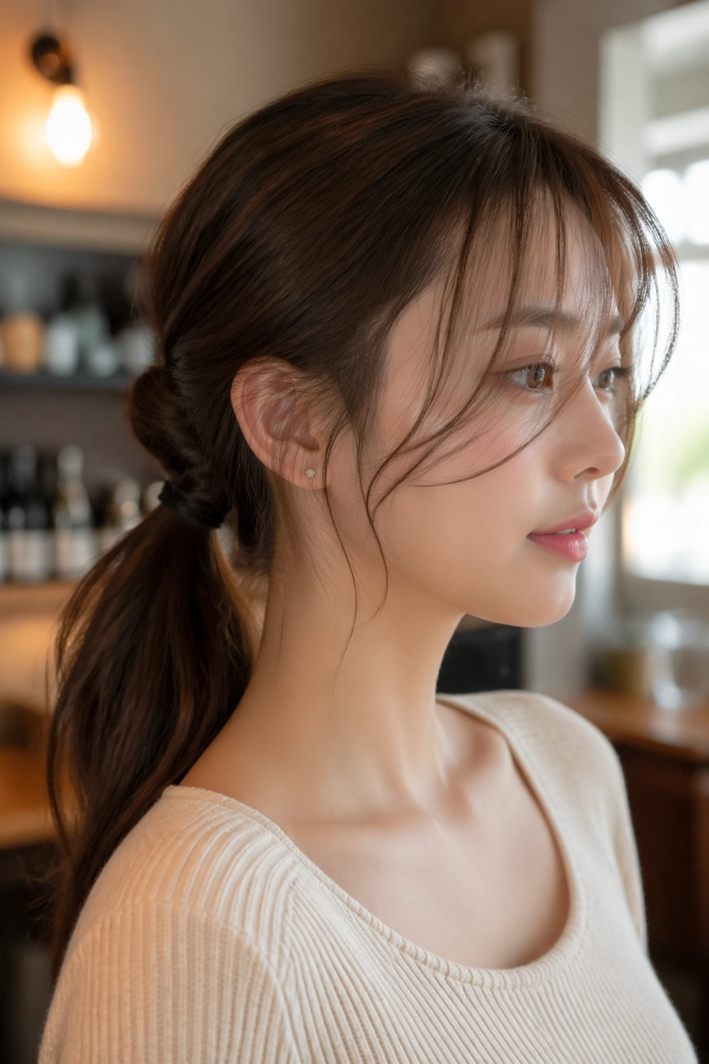 Close-up of a real woman with a low twisted ponytail and long see-through bangs