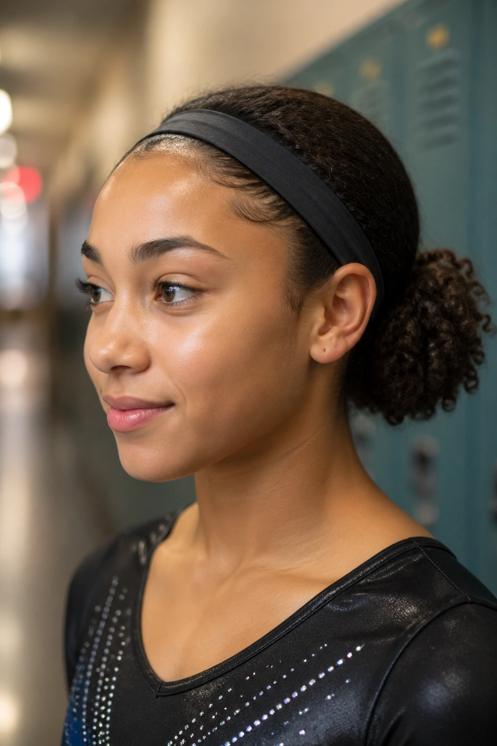 Close-up of real athlete with low twisted puff and flat headband in gym