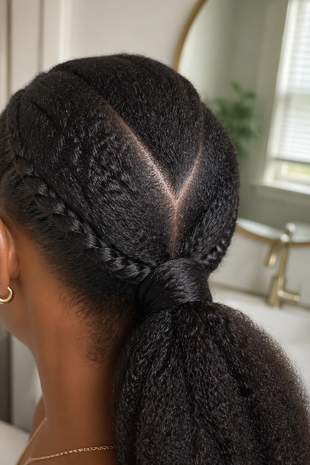 Close-up of protective low V part ponytail on 4C hair in soft bathroom light