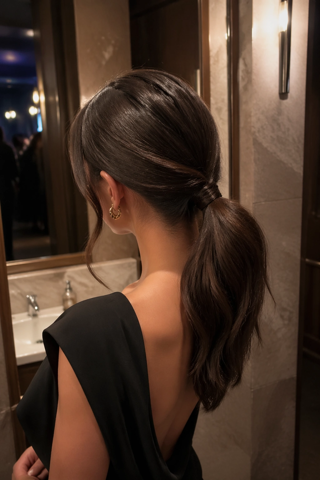Over-the-shoulder night out ponytail with glossy finish