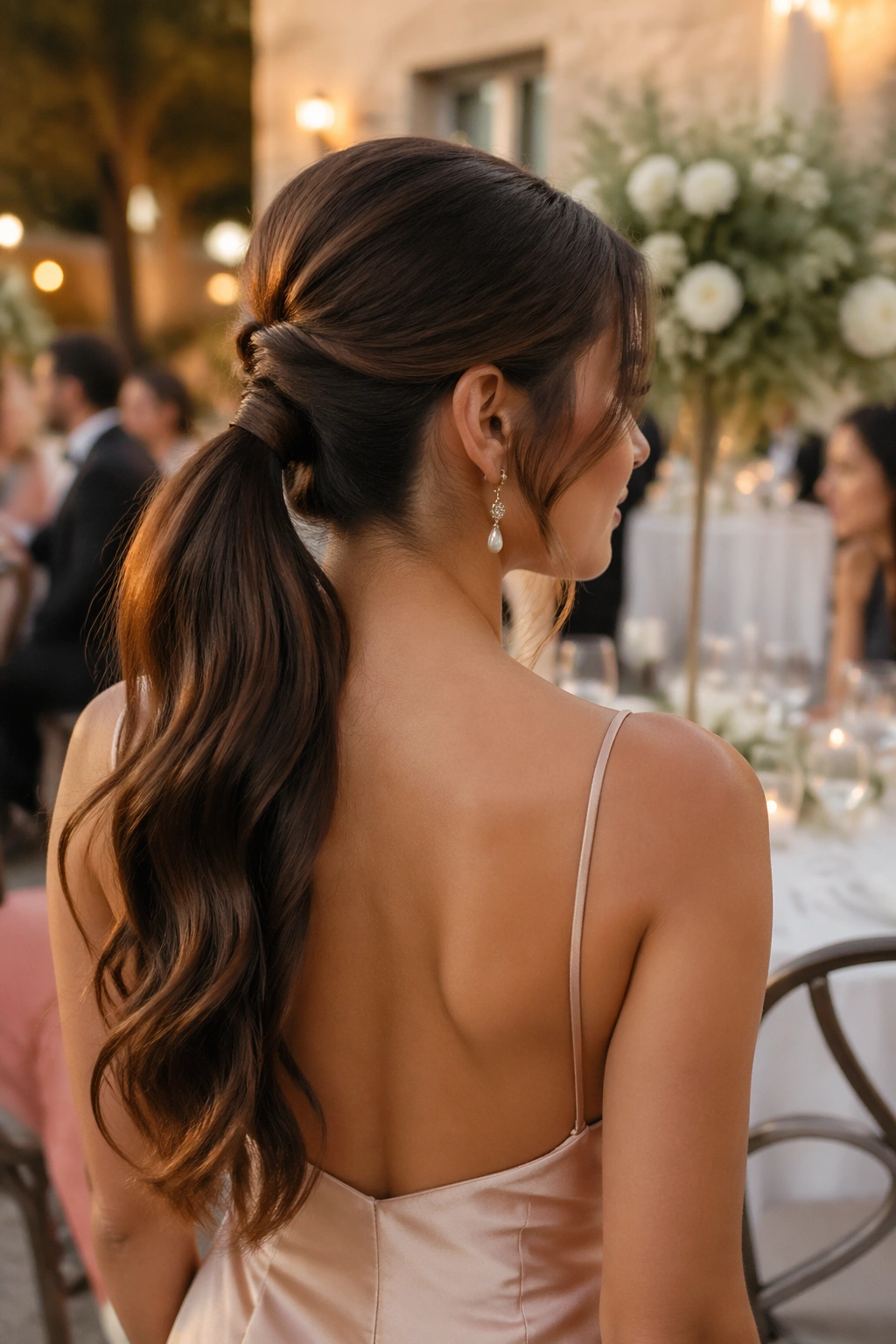 Hero shot of a low V part ponytail at a wedding venue