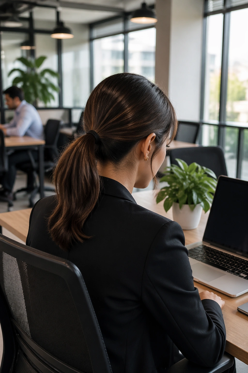 Wide shot of a low V part ponytail worn at work in a bright office