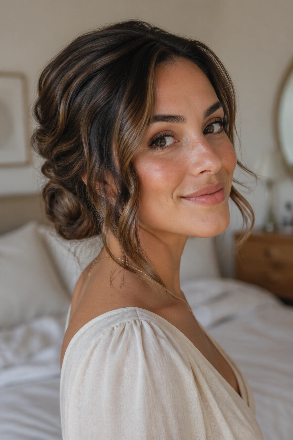 Close-up of a real woman with a low wavy chignon at the nape and face-framing pieces.