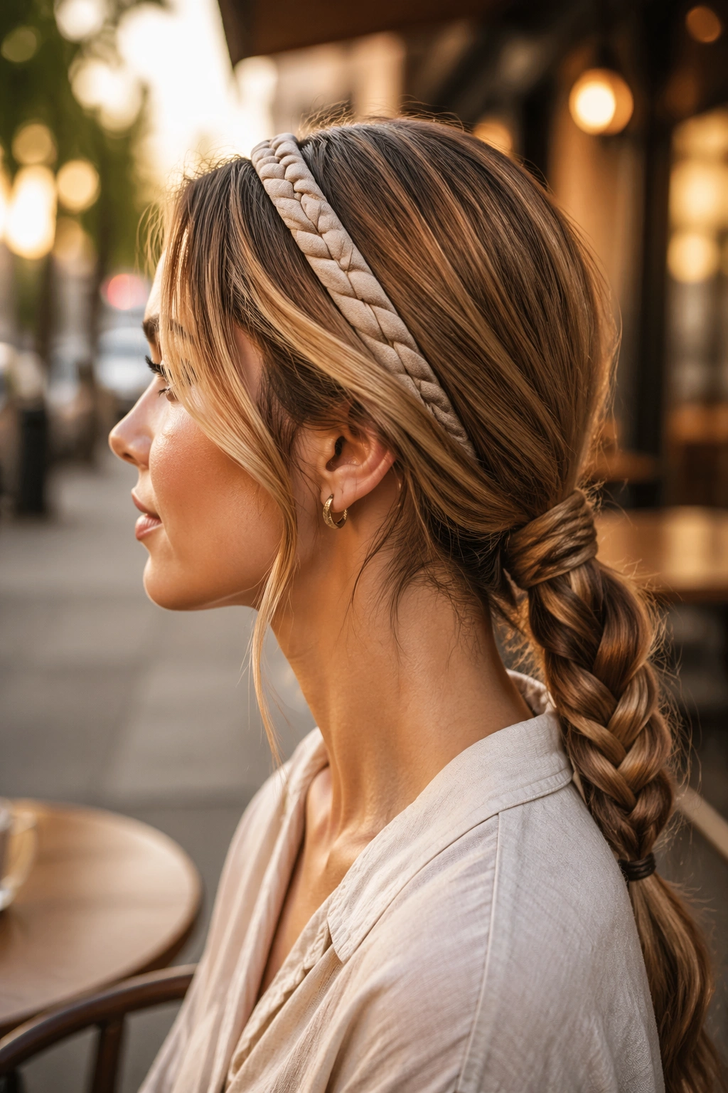 Side profile of a low wrapped braid ponytail with braided fabric headband