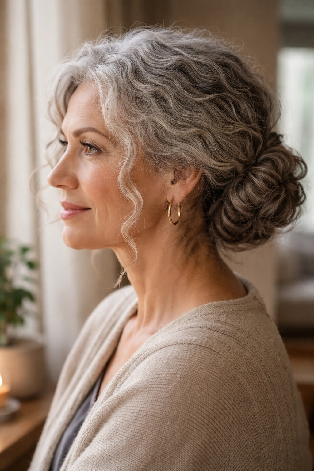 Portrait of a real woman with grey curls in a loose low bun at the nape