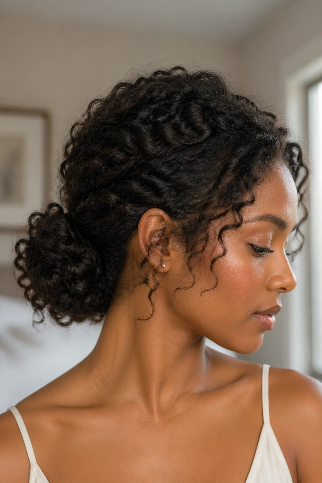 Close-up of a woman with a textured low bun at the nape
