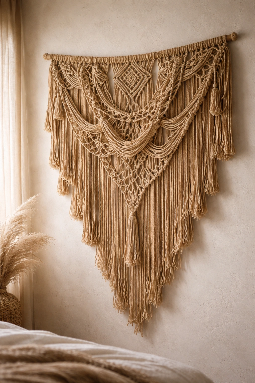 Natural jute macramé wall hanging on a bedroom wall.
