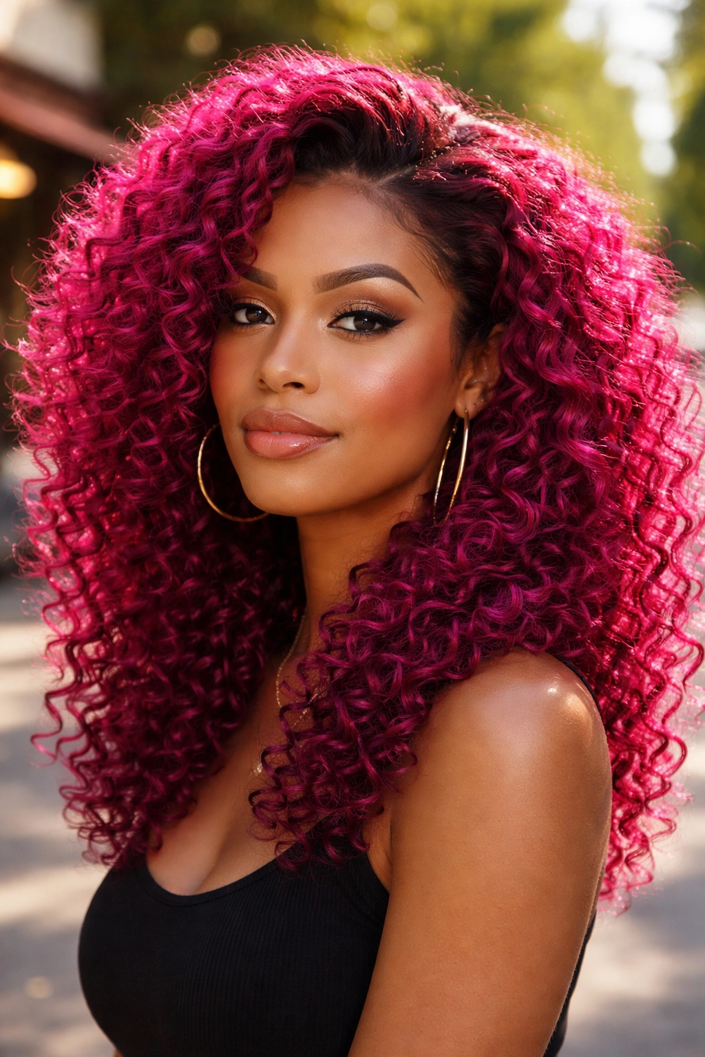 Real woman with magenta all-over hair in an urban outdoor setting