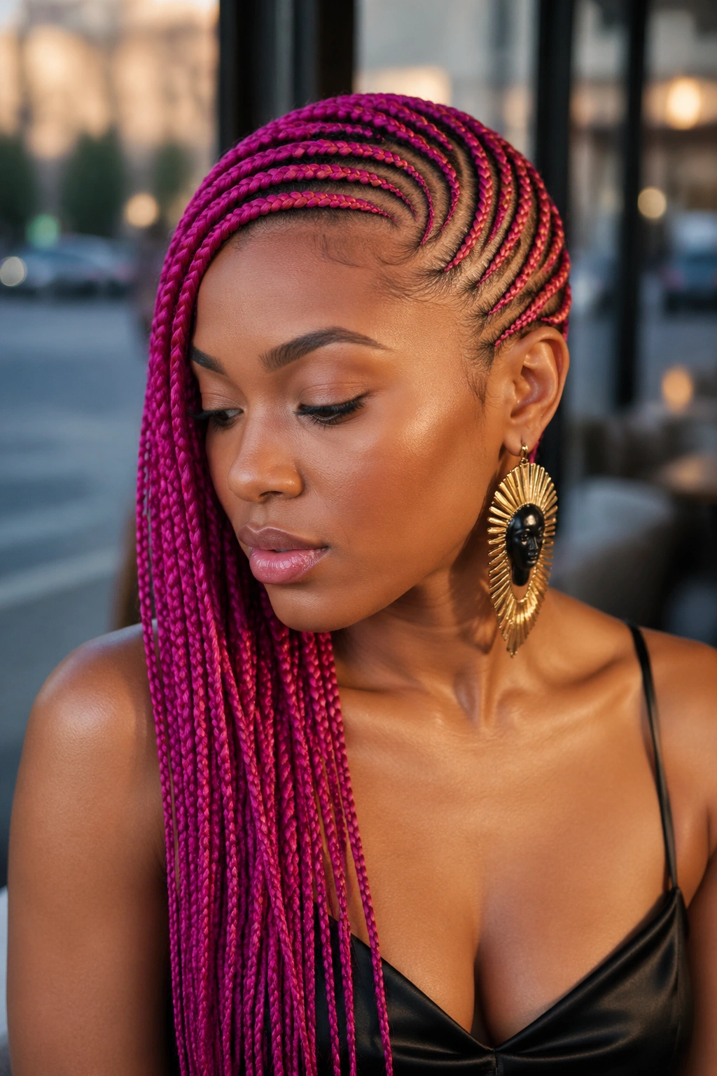 Close-up of magenta cornrows swept to the side with a statement earring