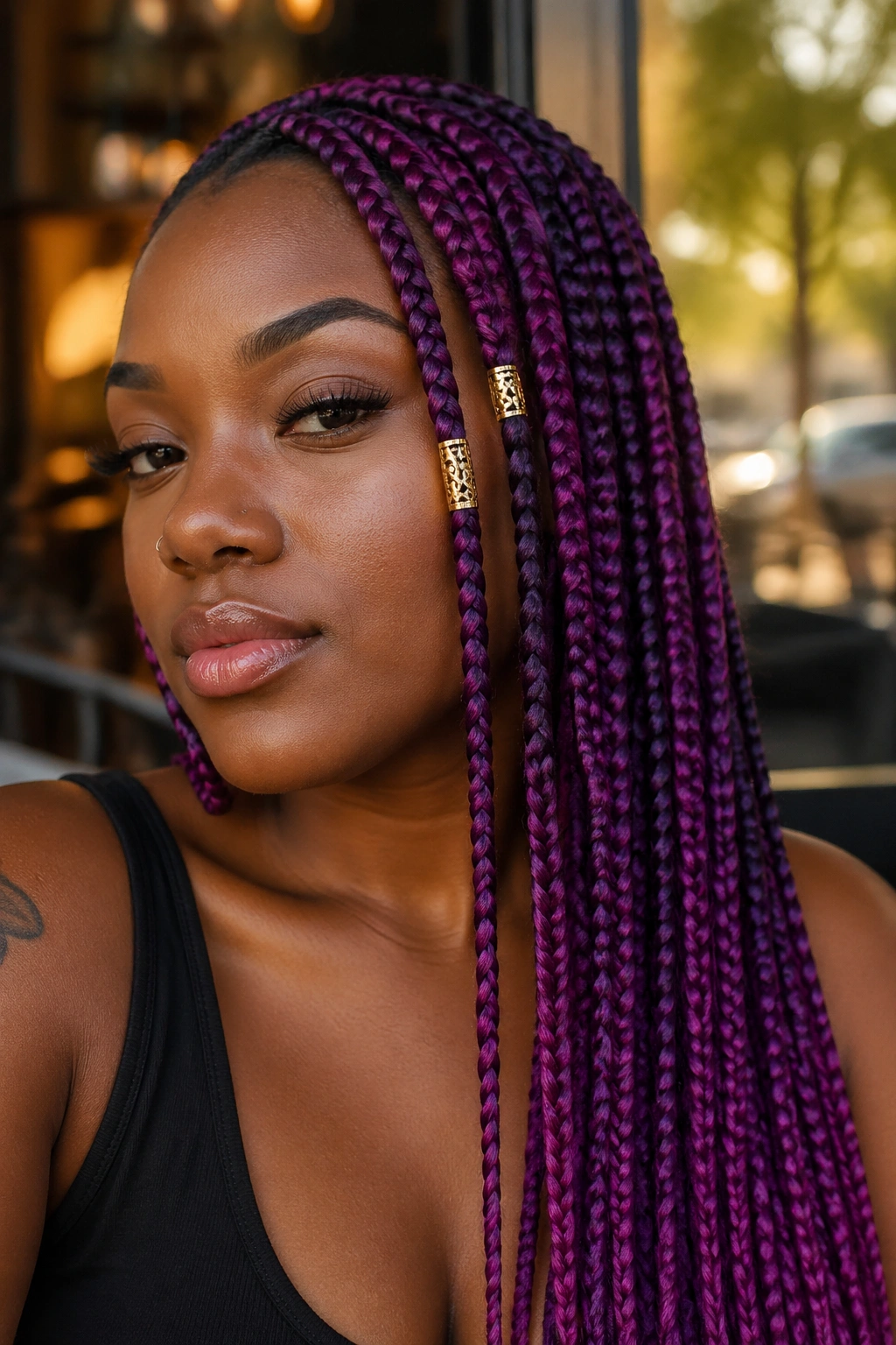 Real woman with magenta-violet braids and gold cuffs in warm outdoor light
