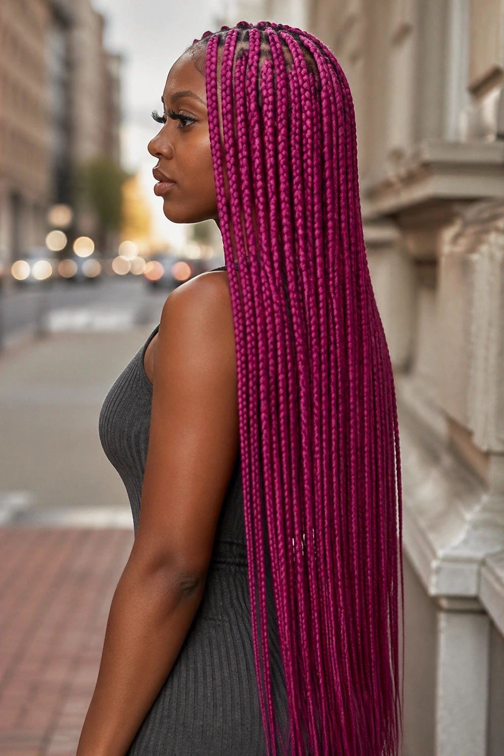 Real person with waist-length magenta box braids in daylight