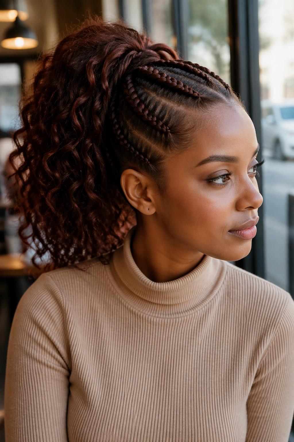 Real woman with mahogany braided ponytail in a cafe window setting