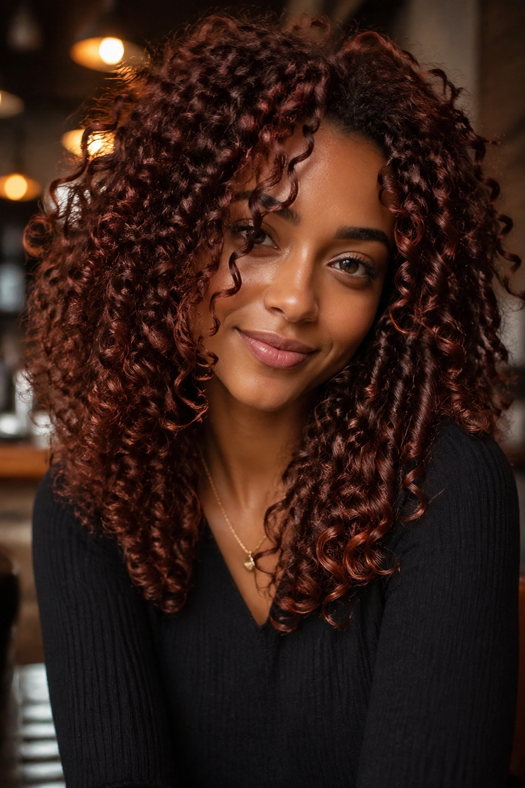 Portrait of a real person with warm mahogany brown curly hair