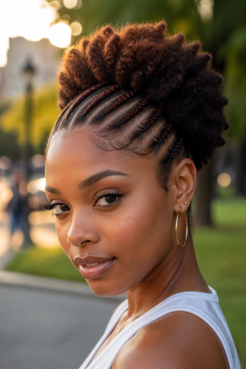 Close-up of a real person with mahogany cornrow crown and natural pompadour in an outdoor park at golden hour.