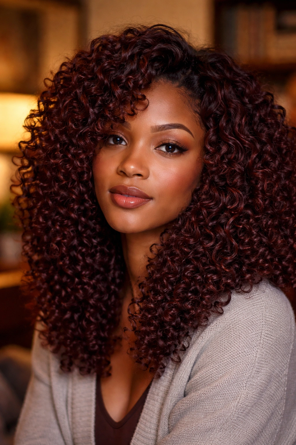 Close-up of a real person with mahogany curly hair in warm home lighting.