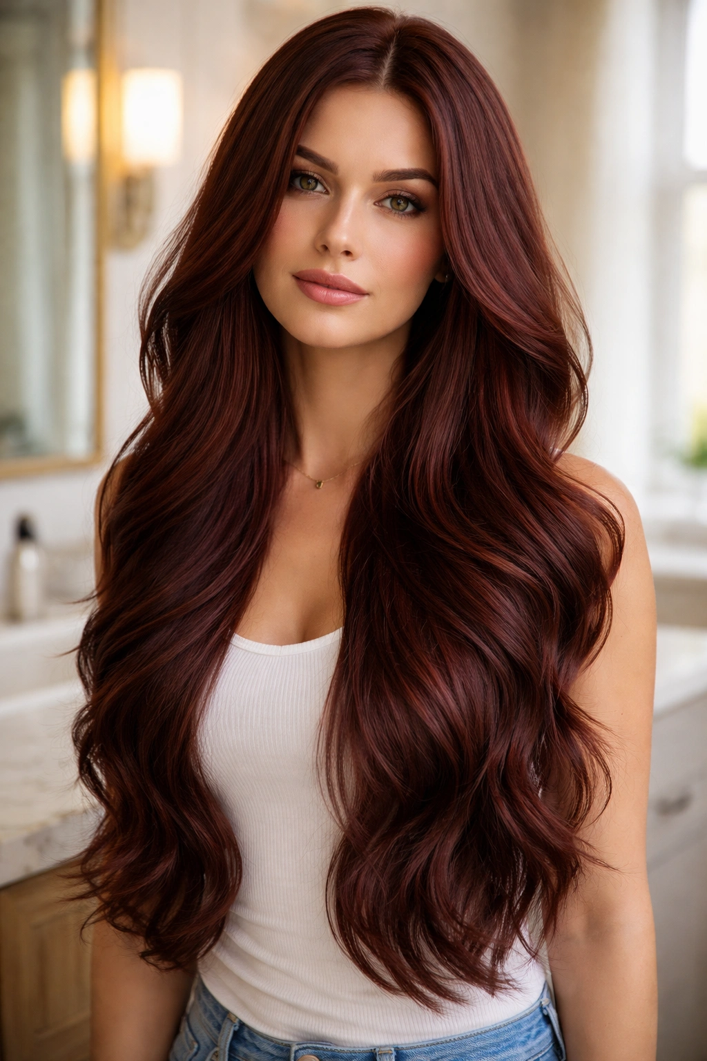 Portrait of a woman with long mahogany mermaid layers and waves