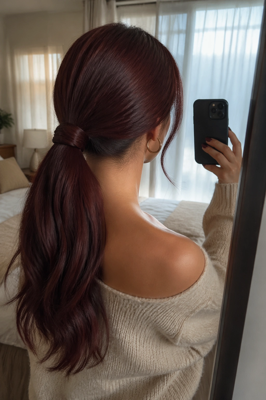 Deep mahogany ponytail with knotted base in bedroom