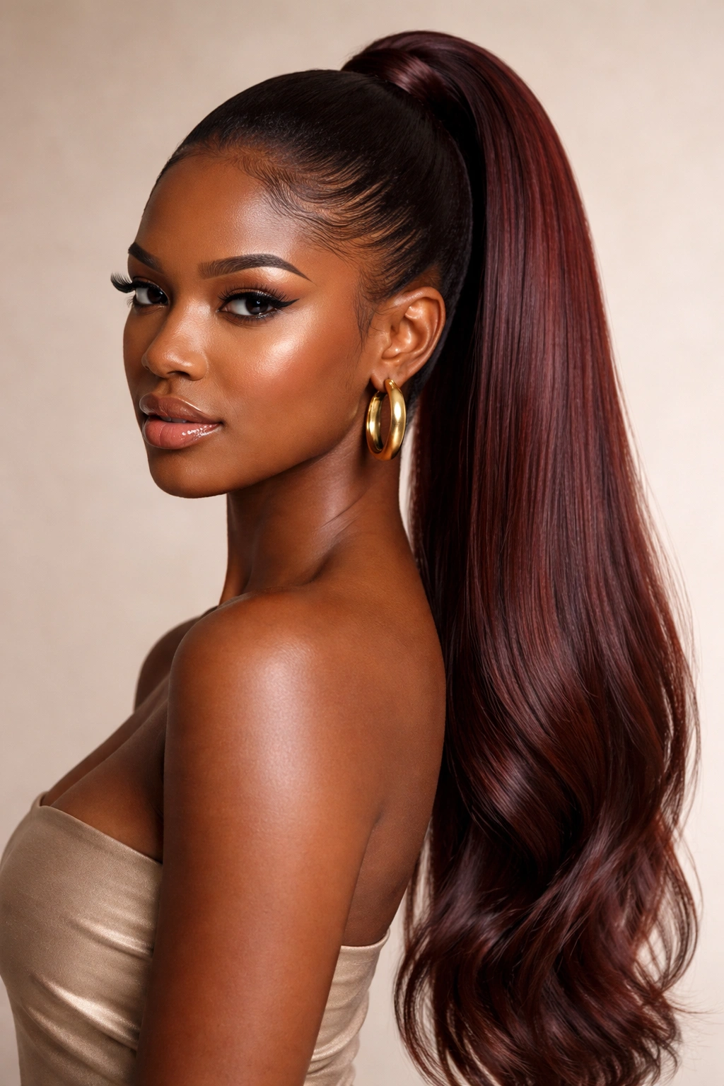 Close-up of a mahogany sleek ponytail with natural warm red-brown tones.