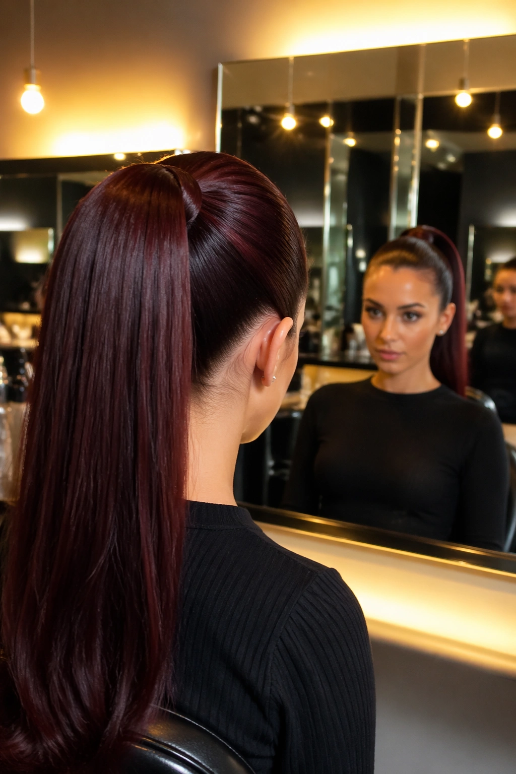 Mahogany high ponytail polished finish in salon mirror selfie
