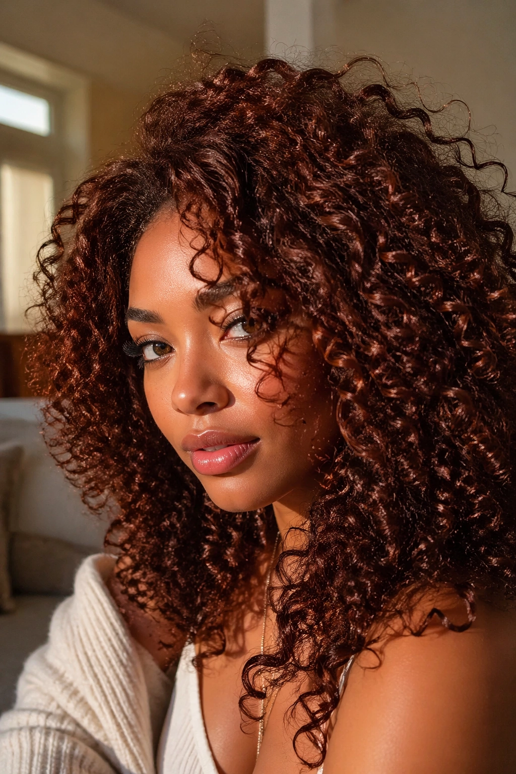 Close-up of real woman with mahogany red-brown curls