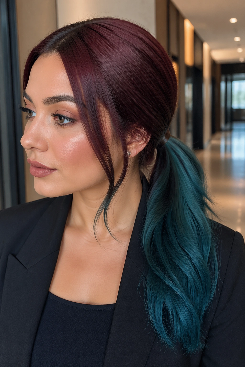 Close-up of a real person with mahogany to teal low ponytail
