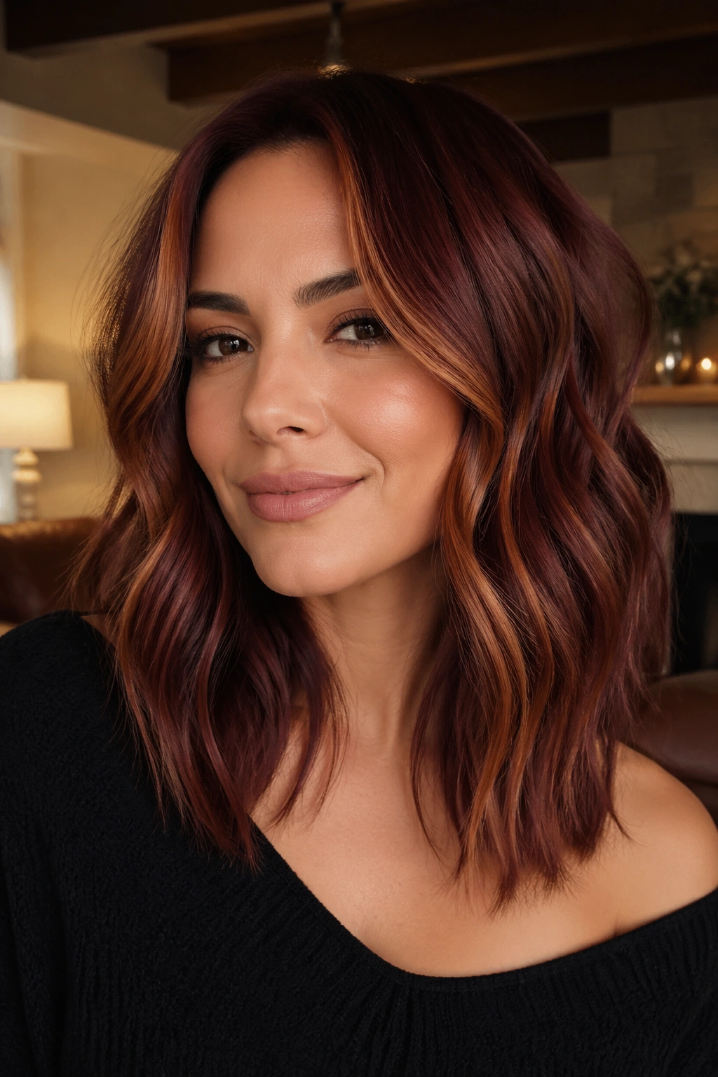 Close-up of a real woman with mahogany waves and front face-framing pieces