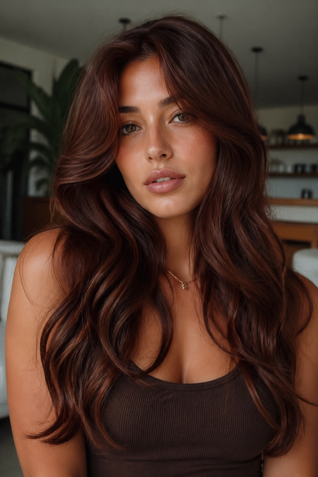 Portrait of a real woman with mahogany waves and sculpted face-framing hair in warm apartment light